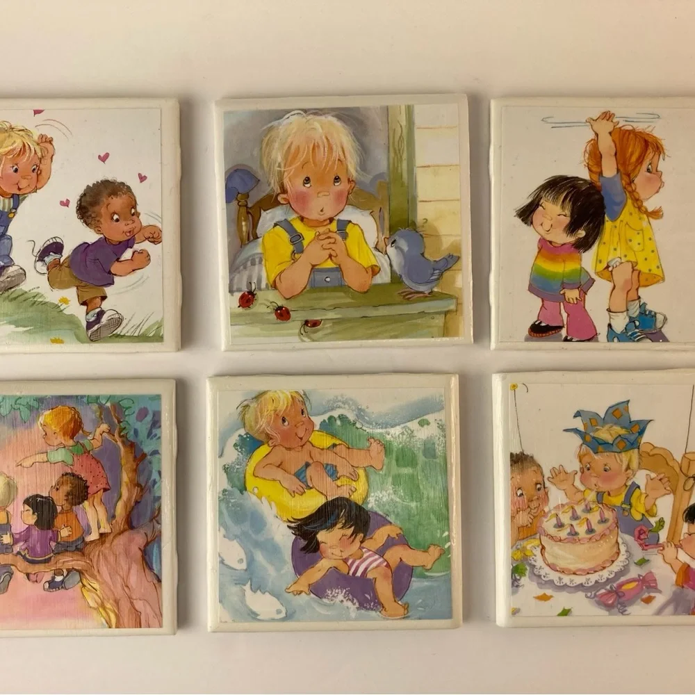 Little Blessings Ceramic Coaster Set of 6 Art Tile Handmade Decoupage